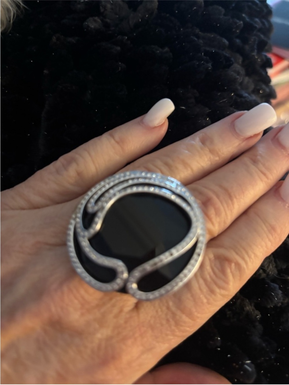 Elegant Black Onyx and Silver Swirl Statement Ring - Women Jewelry